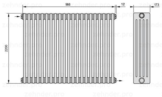 Схема (чертеж) Радиатор Zehnder Charleston 5220/21 №1670 Белый глянцевый RAL 9016